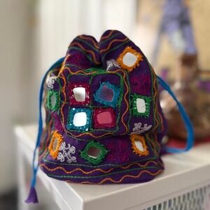 Boho Indie Quilted Tiled Mirror Drawstring Pouch